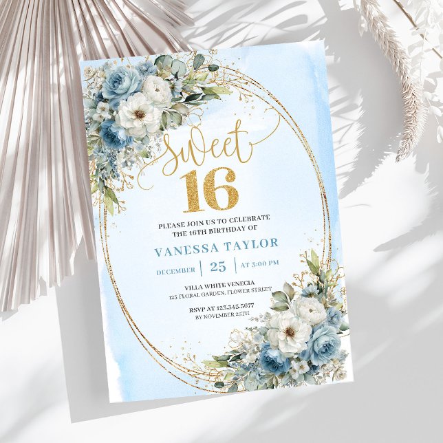 Opulent Dusty Blue Gold Sweet Sixteen Invitation (Opulent Dusty Blue Gold Sweet Sixteen Invitation)