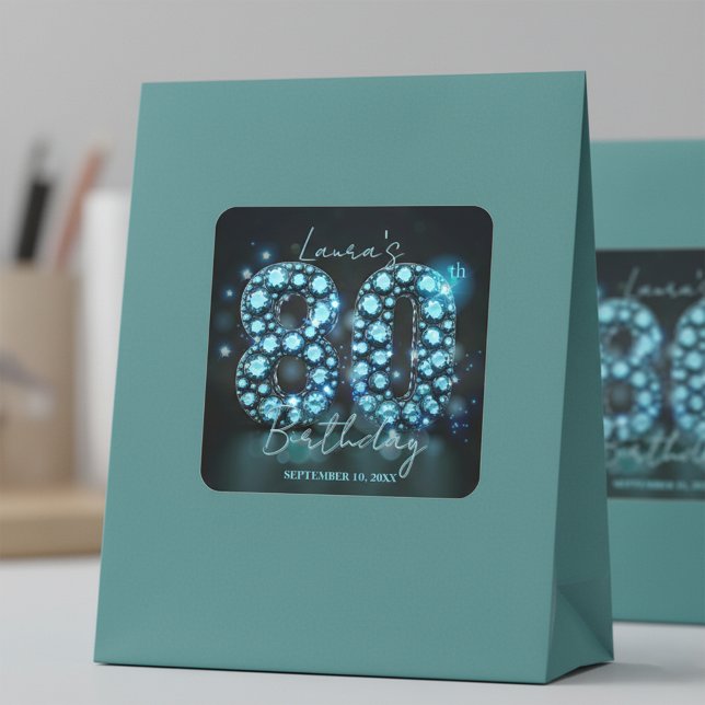 Opulent Elegant Teal Blue Diamonds 80th Birthday Square Sticker (Creator Uploaded)