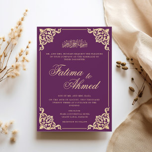 Opulent Frame Gold Plum Purple Muslim Wedding Invitation