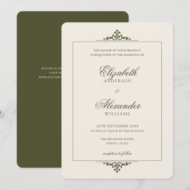 Opulent Frame Green Old Money QR Code Wedding Invitation (Front/Back)