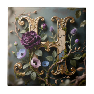 Opulent Gold Floral Letter H Monogram Tile