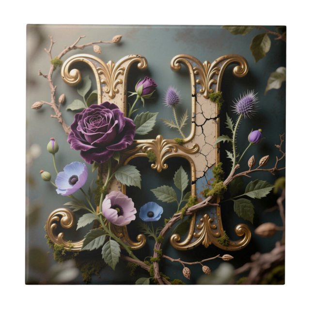 Opulent Gold Floral Letter H Monogram Tile (Front)