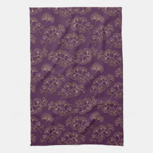 Opulent Gold Ginkgo Leaves on Dark Purple Canvas Tea Towel