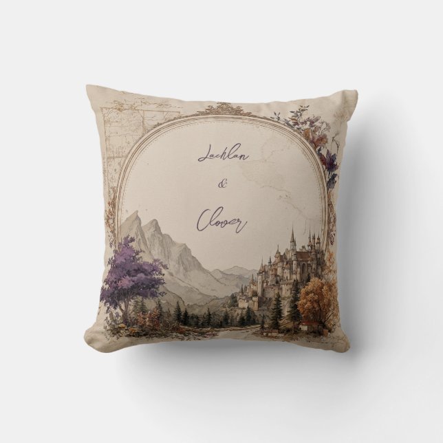Opulent Gold Oval Castle Purple Tree Wedding Cushion (Front)