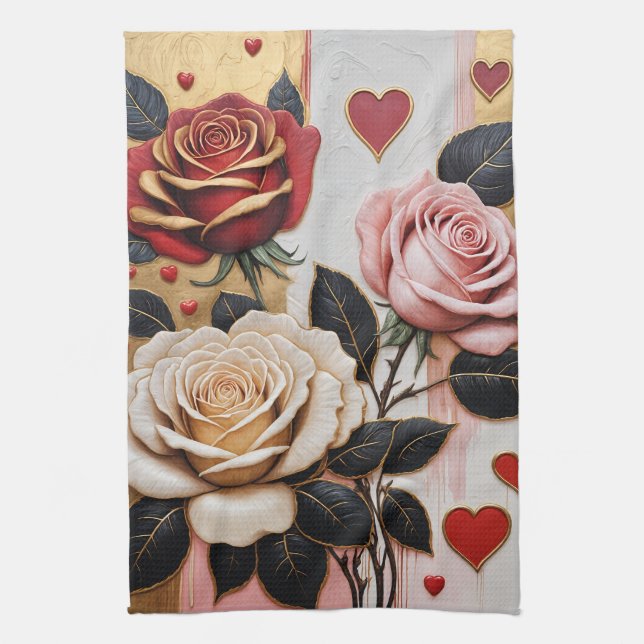  Opulent Hearts and Roses Tea Towel (Vertical)