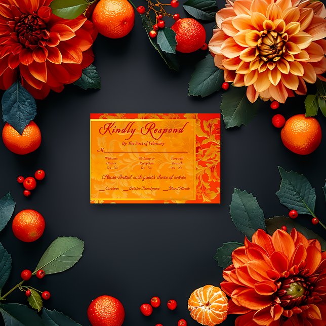 Opulent Mandarin Orange Floral Wedding RSVP Card (Elegant RSVP Mandarin Orange Enclosure Card )