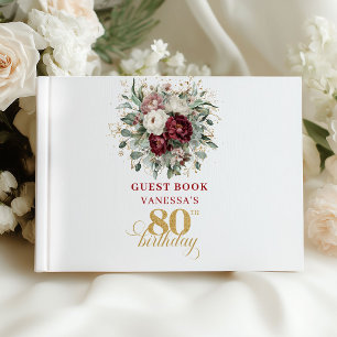 Opulent Maroon Floral 80th Birthday Guest Book