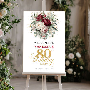 Opulent Maroon Floral 80th Birthday Welcome Poster