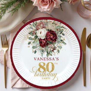 Opulent Maroon Floral Gold 80th Birthday Paper  Plate