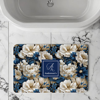 Opulent Navy Blue Flowers Custom Name Bath Mat