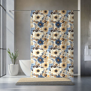 Opulent Navy Blue Ivory Floral Boho Home Curtain