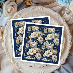 Opulent Navy White Ivory Floral Elegant Napkins