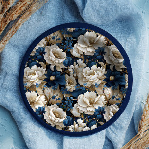Opulent Navy White Ivory Floral Elegant Paper   Plate