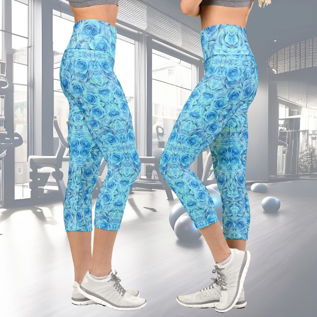 Opulent rose design in turquoise capri leggings (Creator Uploaded)