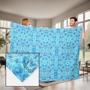 Opulent rose design in turquoise fleece blanket