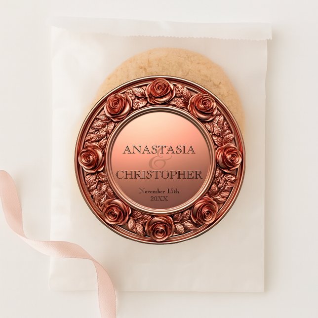 Opulent Rose Gold Sculpted Roses Border Wedding Classic Round Sticker (Creator Uploaded)