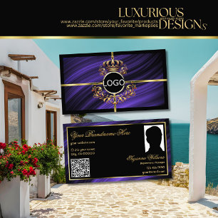 Opulent Royal Blue Gold Crown Logo Photo QR Code Business Card