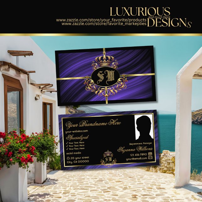 Opulent Royal Blue Gold Crown with Monogram Photo Business Card (Creator Uploaded)
