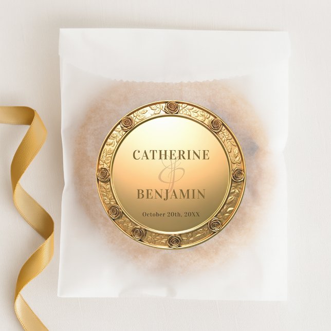 Opulent Shiny Gold Sculpted Roses Border Wedding Classic Round Sticker (Creator Uploaded)
