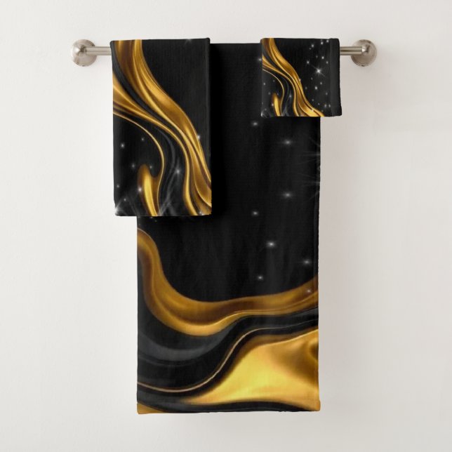Opulent Swirl Liquid Gold Black Monochro Christian Bath Towel Set (Insitu)