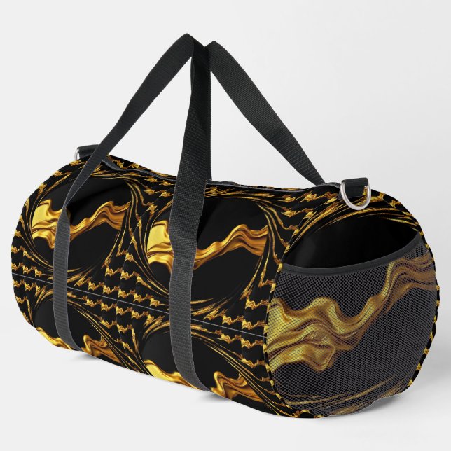 Opulent Swirl Liquid Gold Black Monochrome Christi Duffle Bag (Right Corner)