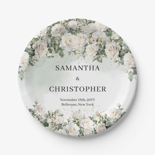 Opulent watercolor white roses green gold wedding paper plate (Front)