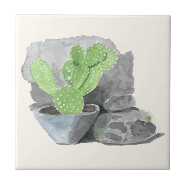 Opuntia Cactus Watercolor Painting Ceramic Tile (Front)