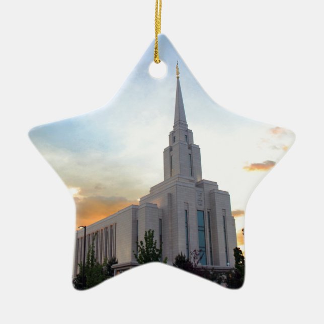 Oquirrh Mountain LDS Utah Temple sunset Ceramic Tree Decoration (Front)