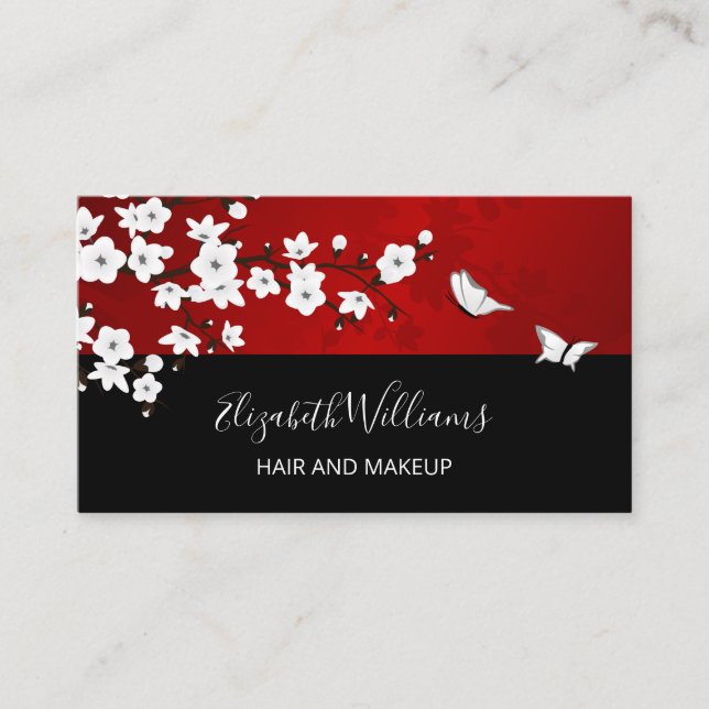 OR Code Floral Cherry Blossoms Red White  Business Card (Front)
