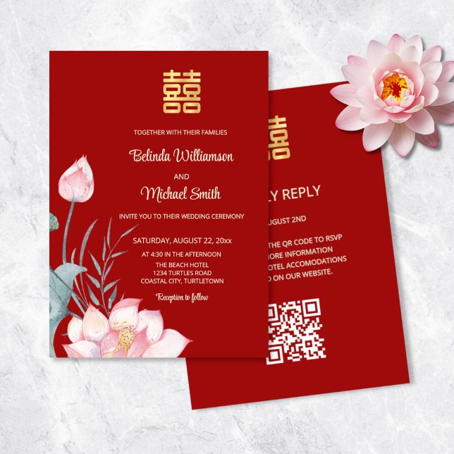OR Code | Lotus Flower Chinese Wedding Invitation (Creator Uploaded)