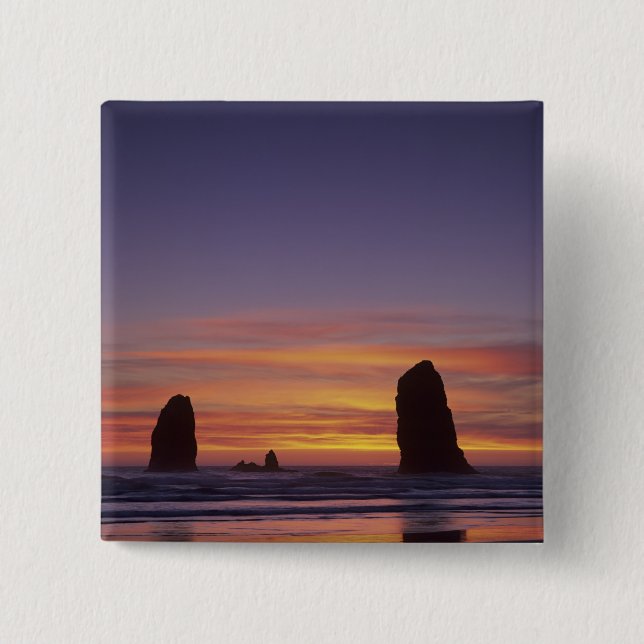 OR, Oregon Coast, Cannon Beach, seastacks at 15 Cm Square Badge (Front)