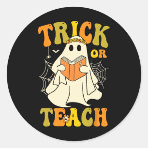 Or Teach Groovy Halloween Retro Floral Ghost Teach Classic Round Sticker