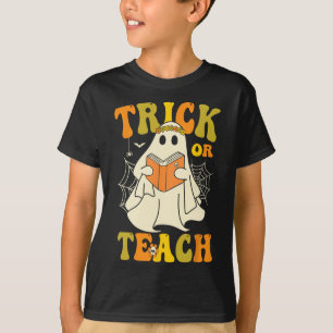 Or Teach Groovy Halloween Retro Floral Ghost Teach T-Shirt