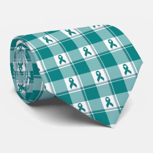 Oral Cancer Awareness Plaid Teal Ribbon Tie