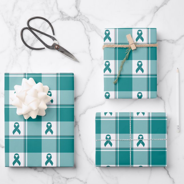 Oral Cancer Awareness Plaid Teal Ribbon Wrapping Paper Sheet (Front)