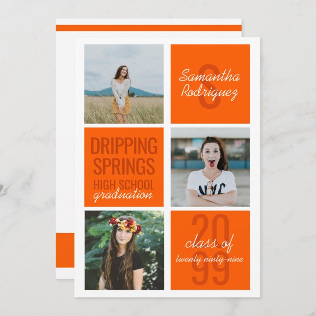 Orange 3-Photo Fun Boxes Graduation Invitation (Front/Back)