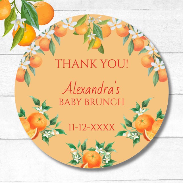 Orange A Little Cutie Citrus Baby Brunch Thank You Classic Round Sticker (Creator Uploaded)