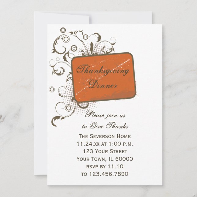 Orange Abstract Floral Thanksgiving Dinner Invitation (Front)