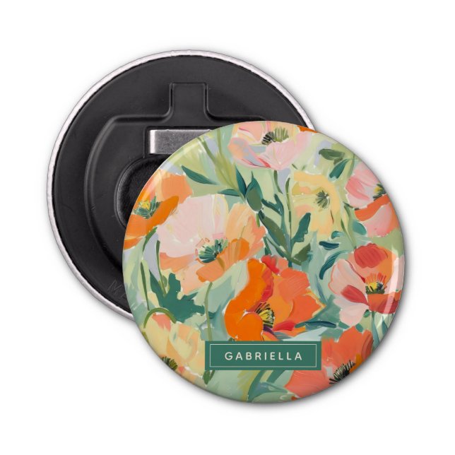 Orange Abstract Poppy Floral Personalised Bottle Opener (Front)