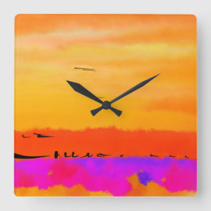 Orange Abstract Sunset Square Clock