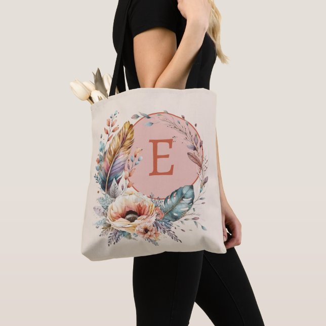Orange add initial floral tote bag (Close Up)