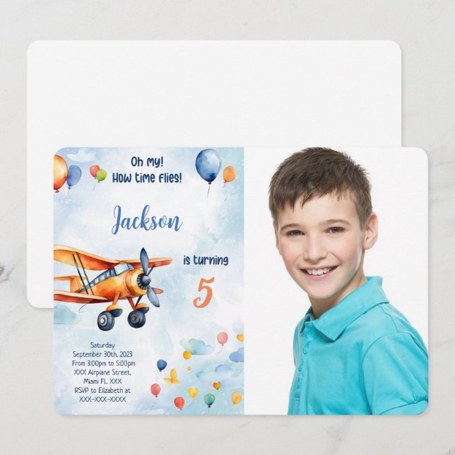 Orange Aeroplane Kids Birthday Party Photo Invitation (Front/Back)