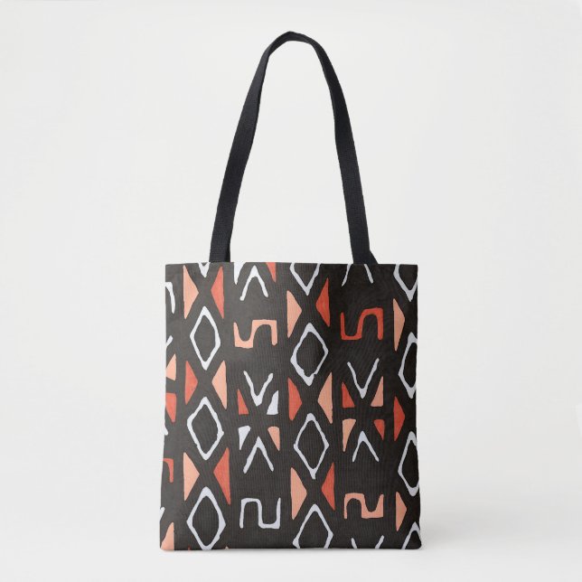 Orange African Mudcloth Contemporary Tribal Print Tote Bag (Front)
