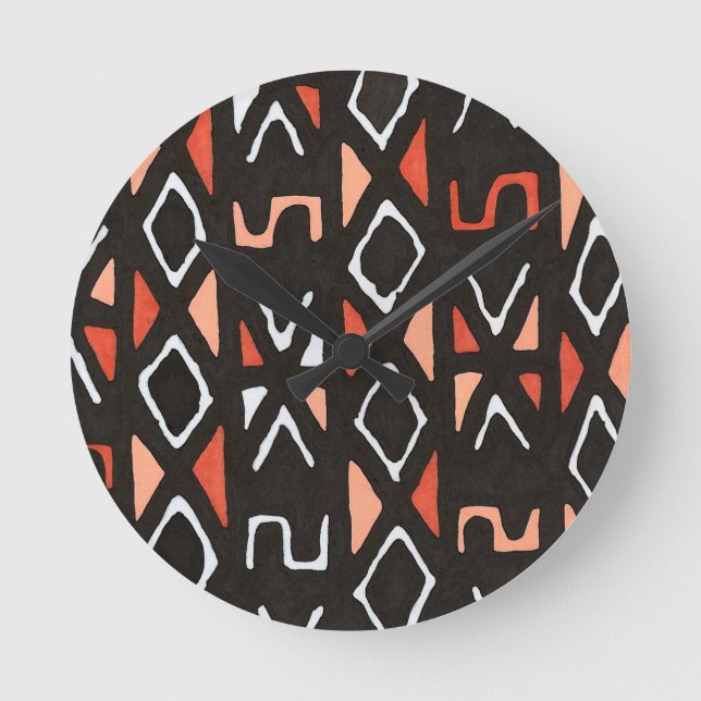 Orange African Mudcloth Tribal Print Round Clock (Front)