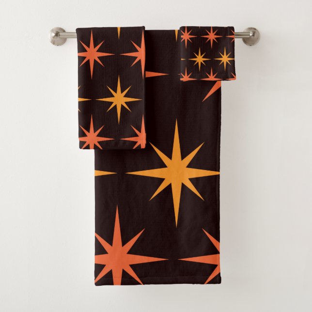 Orange and Amber Starburst Mid Century Modern  Bath Towel Set (Insitu)