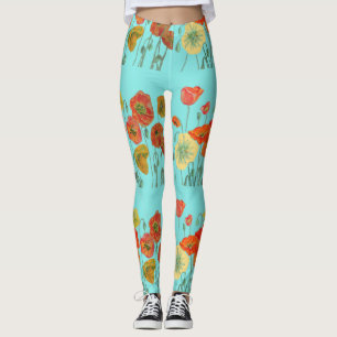 Orange and Aqua Poppy Watercolor Leggings