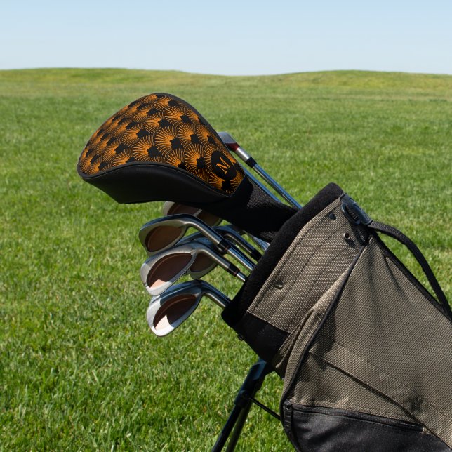 Orange and Black Art Deco Pattern Monogram Golf Head Cover (In Situ)