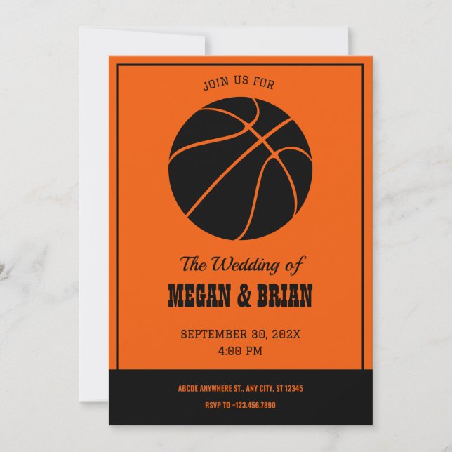 Orange and black basketball Wedding Invitation (Front)