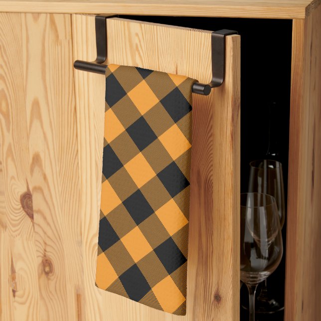 Orange and Black Buffalo Check Halloween Tea Towel (Thirds Fold)