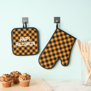 Orange and Black Buffalo Check Happy Halloween Oven Mitt & Pot Holder Set